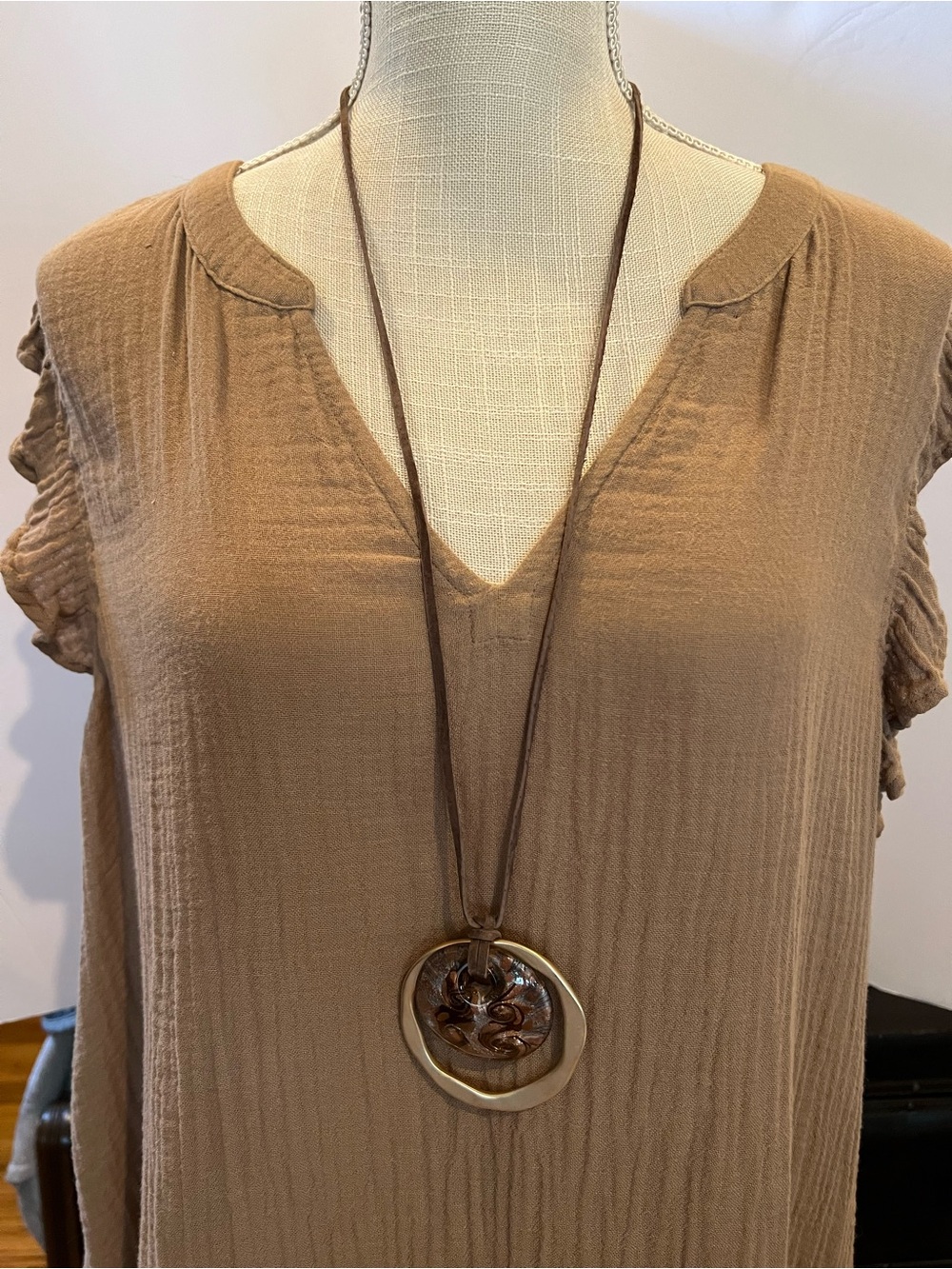 Long Brown Pendant Necklace with Gold Accent